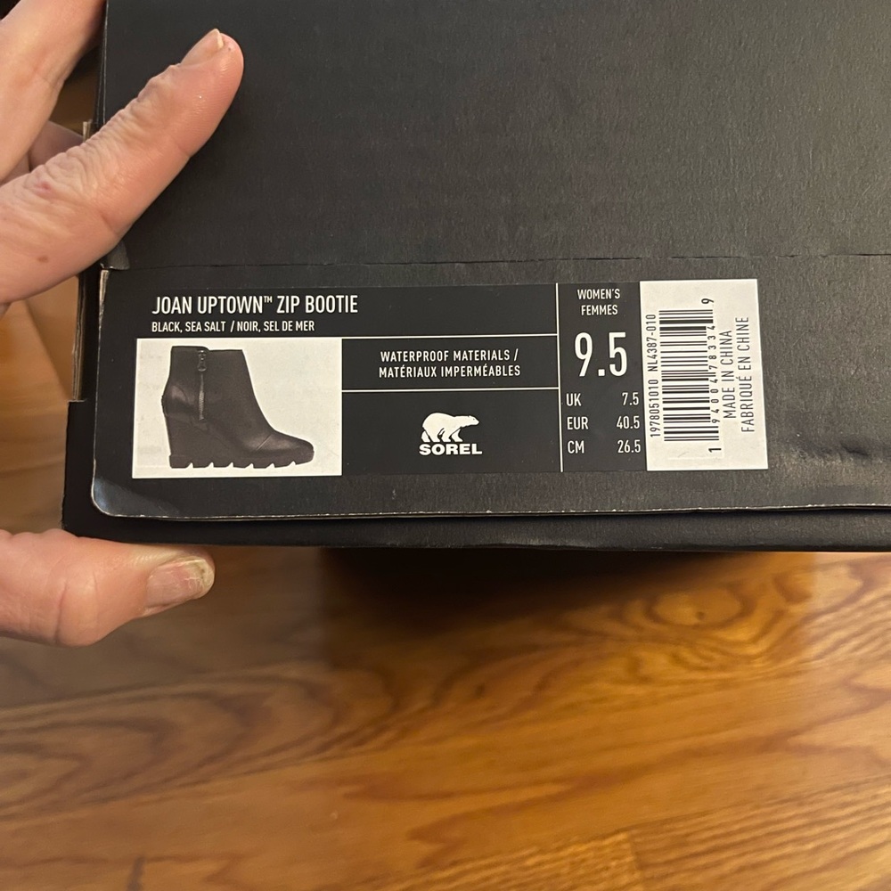 Brand new in box…Sorel Joan uptown zip bootie size 9.5 black. Waterproof.